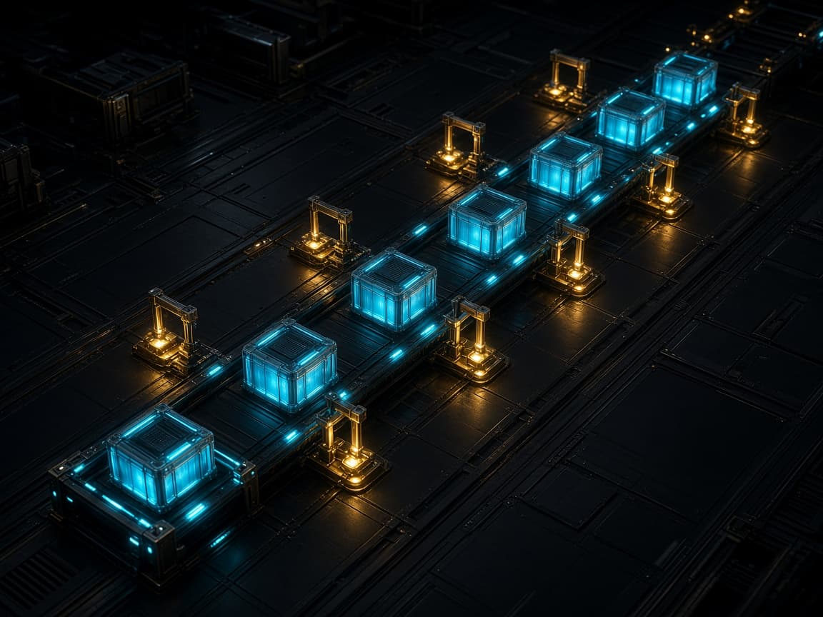 Abstract pipeline of cyan containers and gold checkpoints