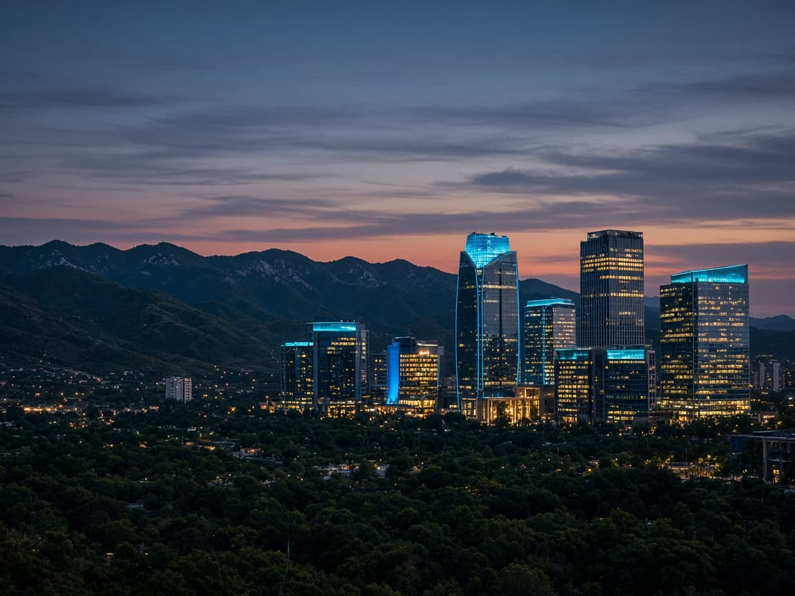 Islamabad skyline at dusk with cyan-lit towers against the Margalla Hills
