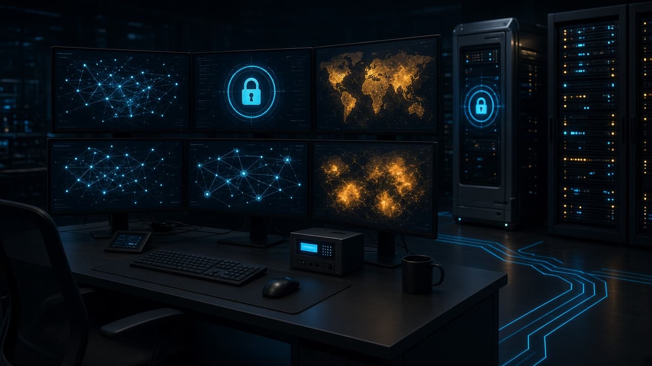 Security operations center with network graphs and server racks